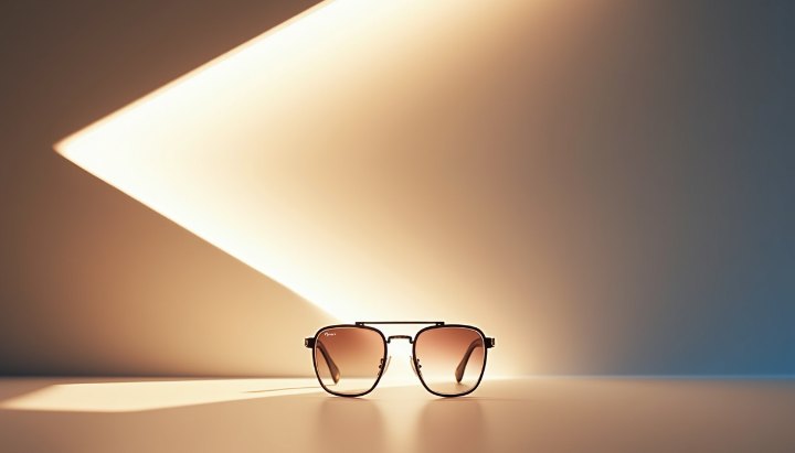 A pair of sunglasses on a pale surface with a single hard shaft of daylight falling across them