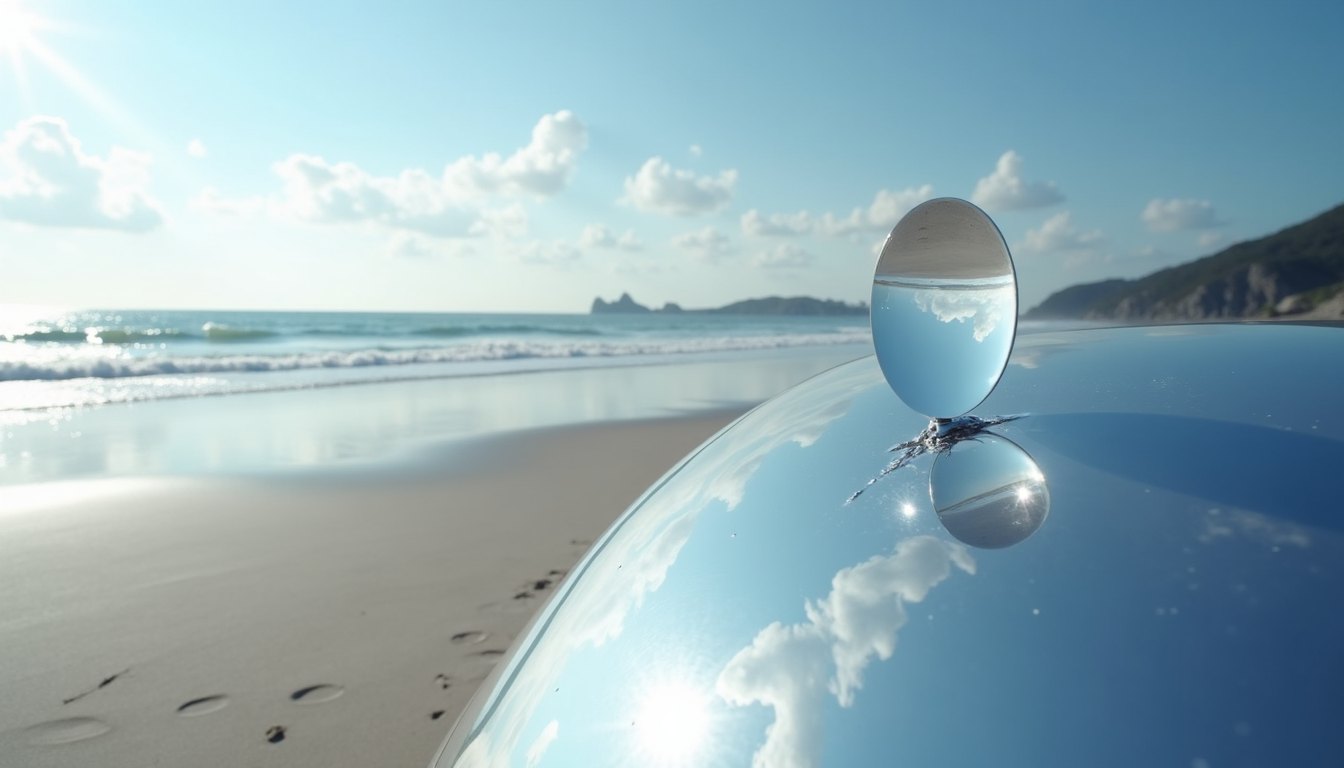 Extreme close-up of a curved mirrored surface reflecting a beach and sky