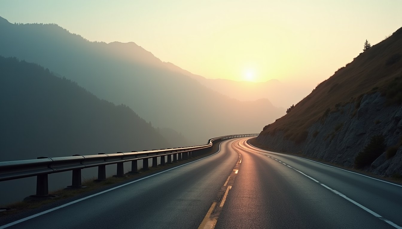 An empty mountain road at dawn with hairpin bends climbing away and mist in the valley