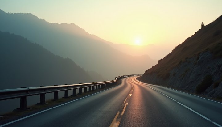 An empty mountain road at dawn with hairpin bends climbing away and mist in the valley