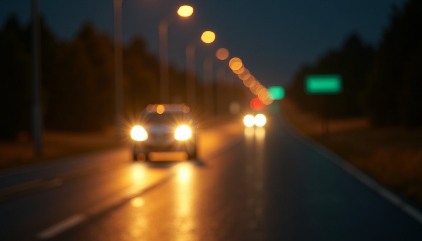 A two-lane road at night with oncoming headlights blooming into starbursts on a wet surface