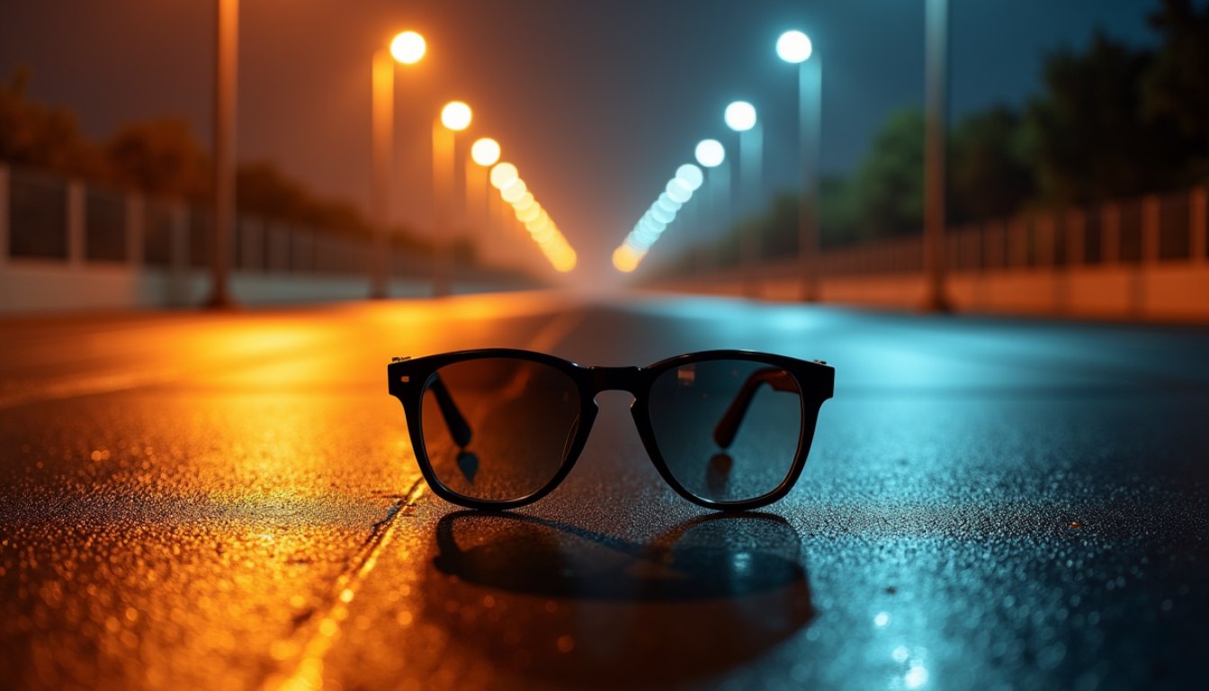 Sunglasses on a wet road surface at night with a line of streetlights receding into the distance