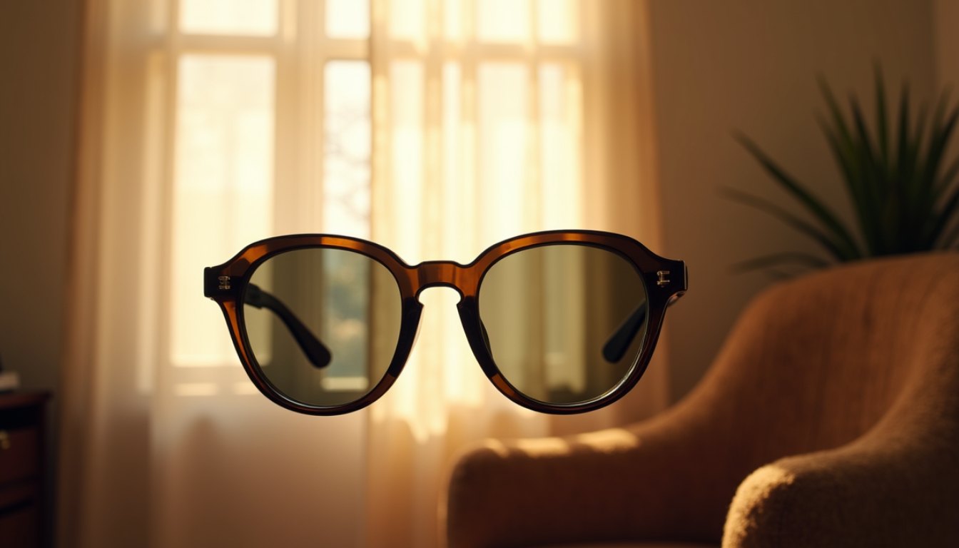 Sunglasses on a low table in a warm room with soft evening light from a window behind