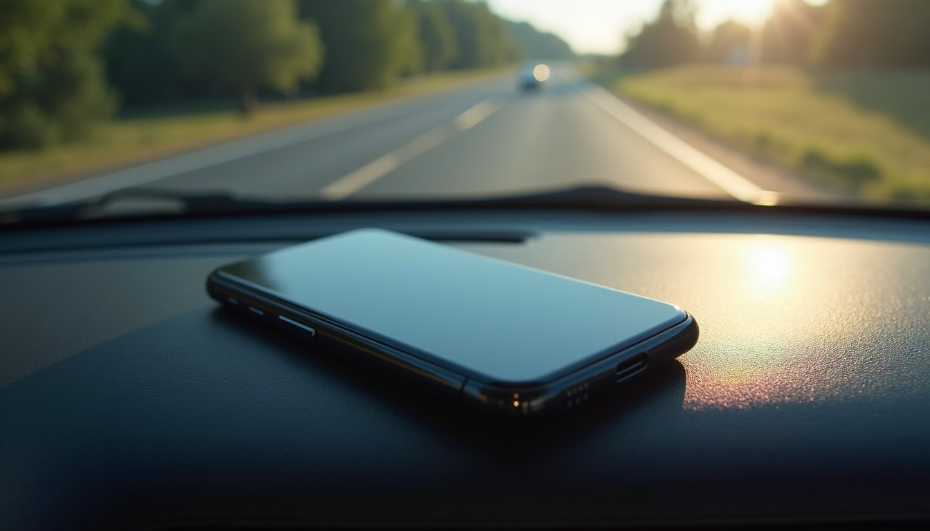 A smartphone lying face up on a car dashboard in direct sun with a faint rainbow sheen on its dark screen