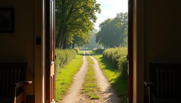 A country lane seen from a doorway, half in bright sun and half in the shade of a porch, with a hard light line across the path
