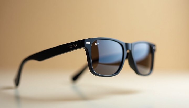 A pair of sunglasses viewed from the side on a plain pale surface in flat even light