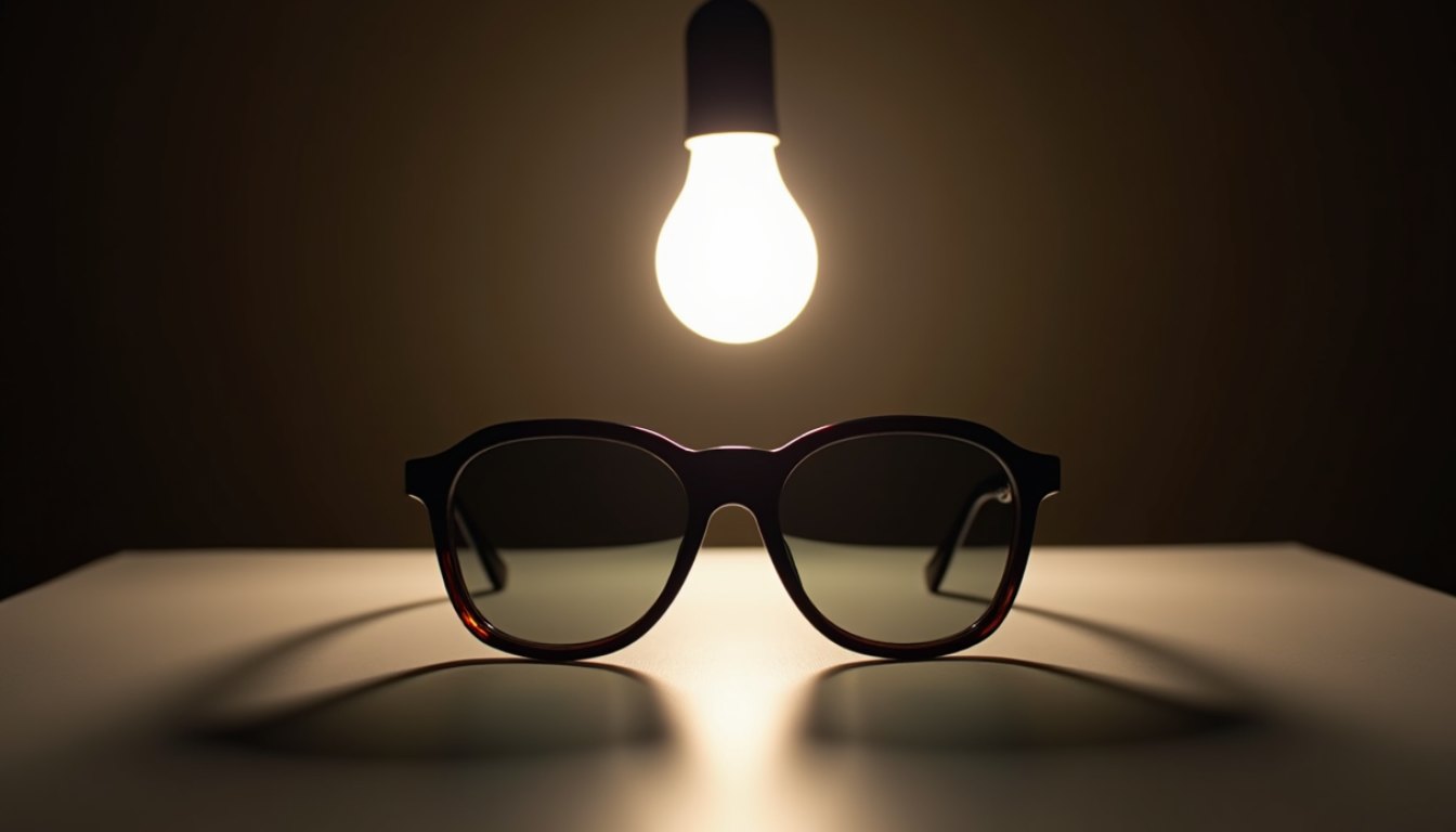 A pair of sunglasses on a dark surface lit by a single bare hanging bulb overhead