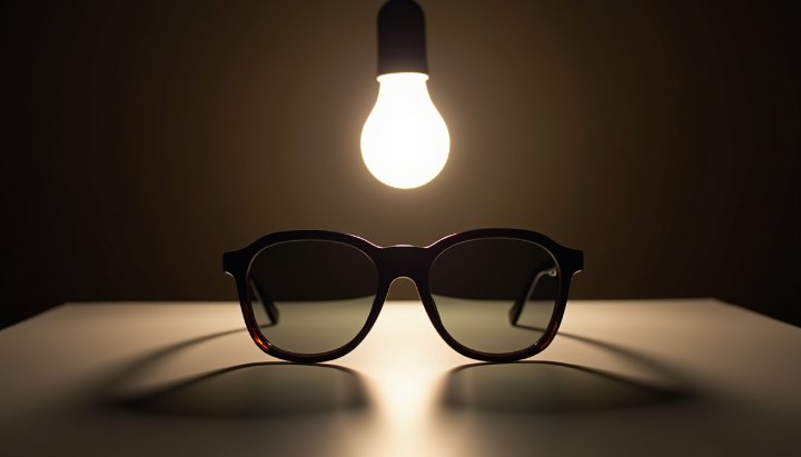 A pair of sunglasses on a dark surface lit by a single bare hanging bulb overhead