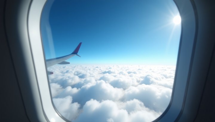 The view from a high-altitude cockpit window over a blinding white cloud deck under deep blue sky