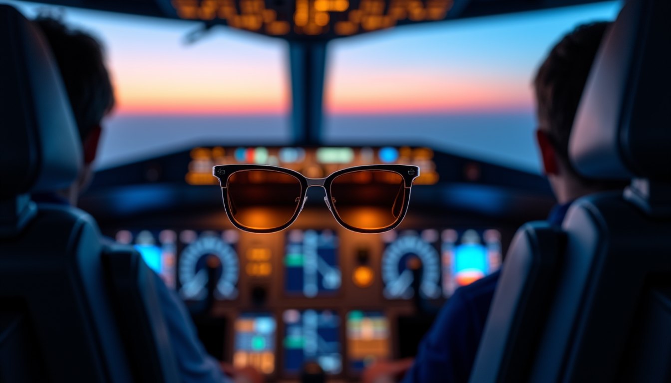 An aircraft cockpit instrument panel glowing at dusk, multiple backlit screens against deep blue light through the windscreen