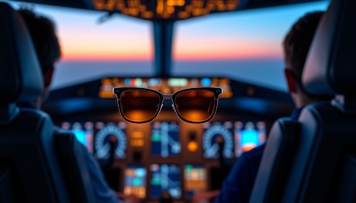 An aircraft cockpit instrument panel glowing at dusk, multiple backlit screens against deep blue light through the windscreen