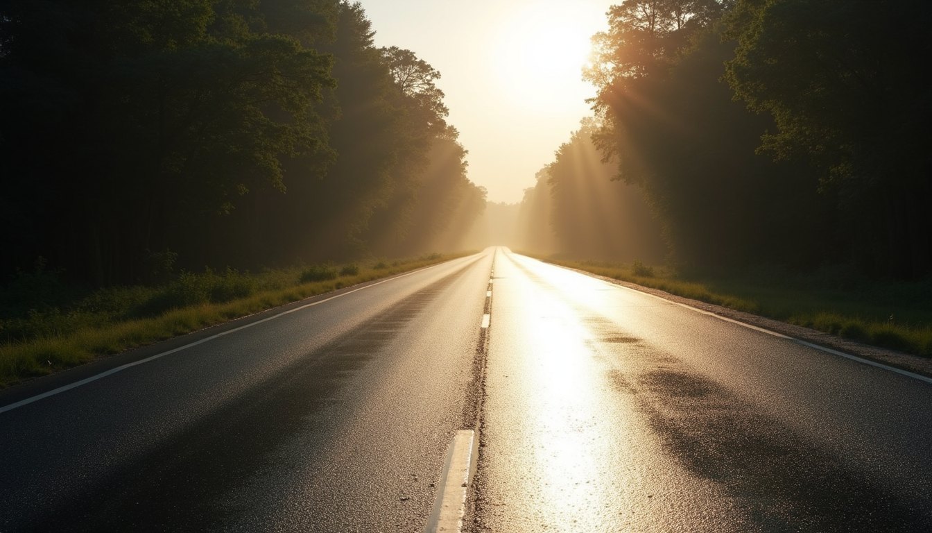 A wet road in low sun throwing a sheet of white glare toward the camera