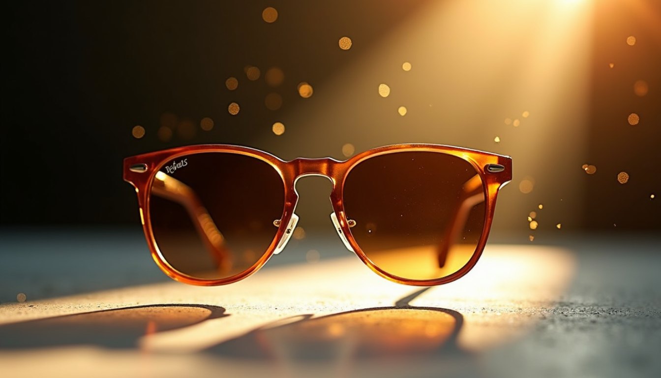 Sunglasses on a pale surface in warm golden light with fine particles drifting in the air