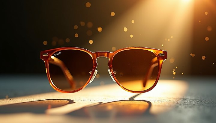 Sunglasses on a pale surface in warm golden light with fine particles drifting in the air