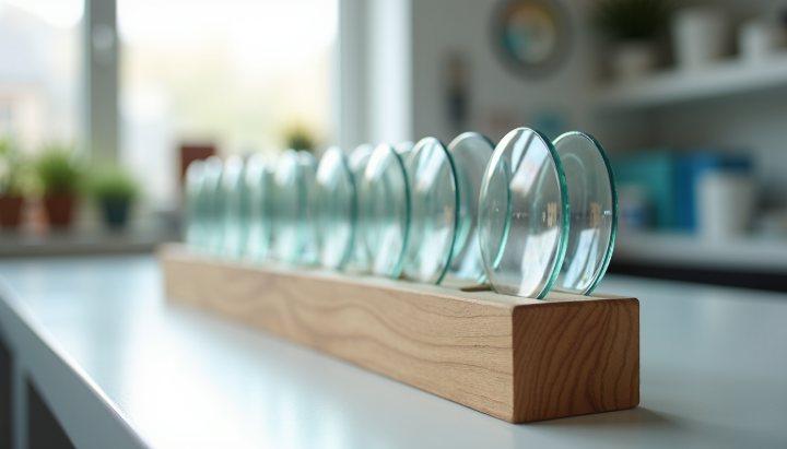 A row of clear circular glass lens discs standing in a wooden rack on an optician's white workbench