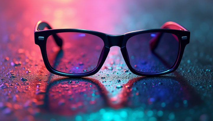Sunglasses with violet-tinted lenses on a wet surface under pink and blue neon light