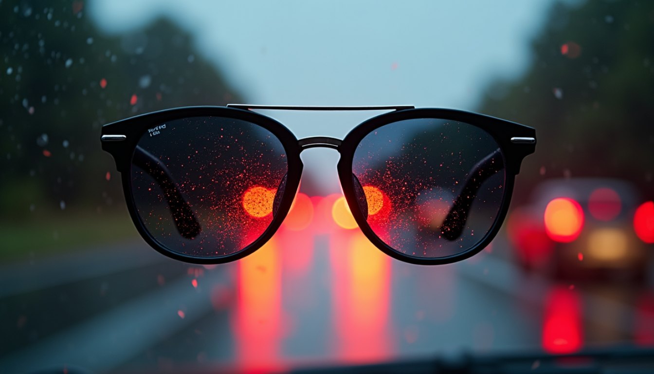 Sunglasses on a car dashboard with rain on the windscreen and blurred red tail lights ahead