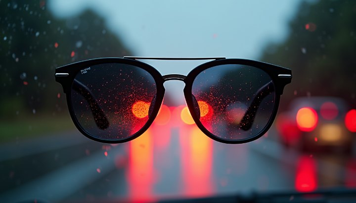 Sunglasses on a car dashboard with rain on the windscreen and blurred red tail lights ahead