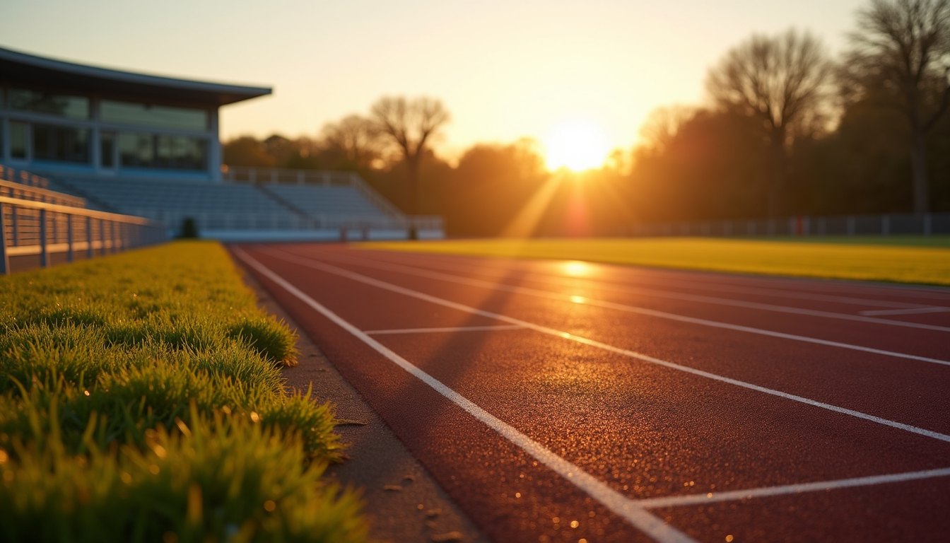 An empty running track at dawn with long shadows across the lanes and dew on the infield