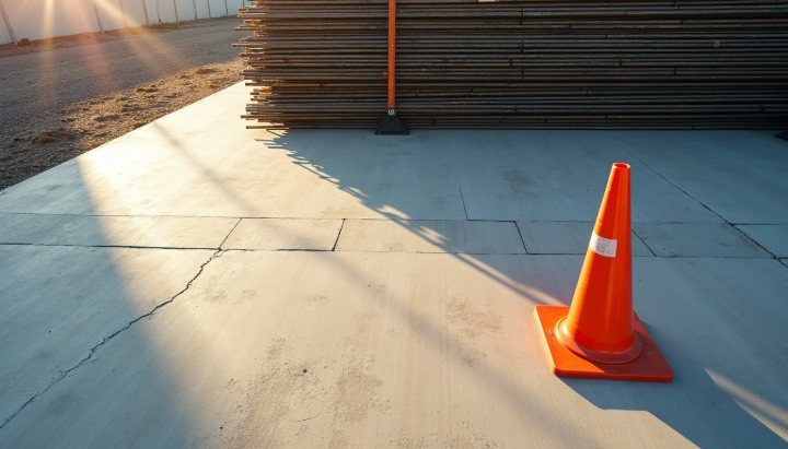 A bright construction site in hard sun with stacked rebar, a concrete slab and an orange cone casting a sharp shadow