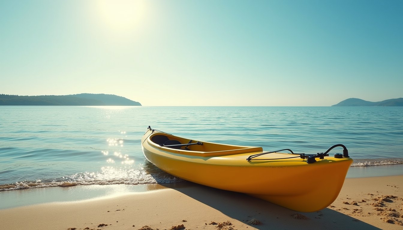 A yellow sea kayak resting on a sandy shore at the water's edge with sun glitter on flat bright water