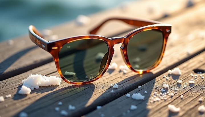 Sunglasses resting on weathered grey decking with dried salt crusting on the boards
