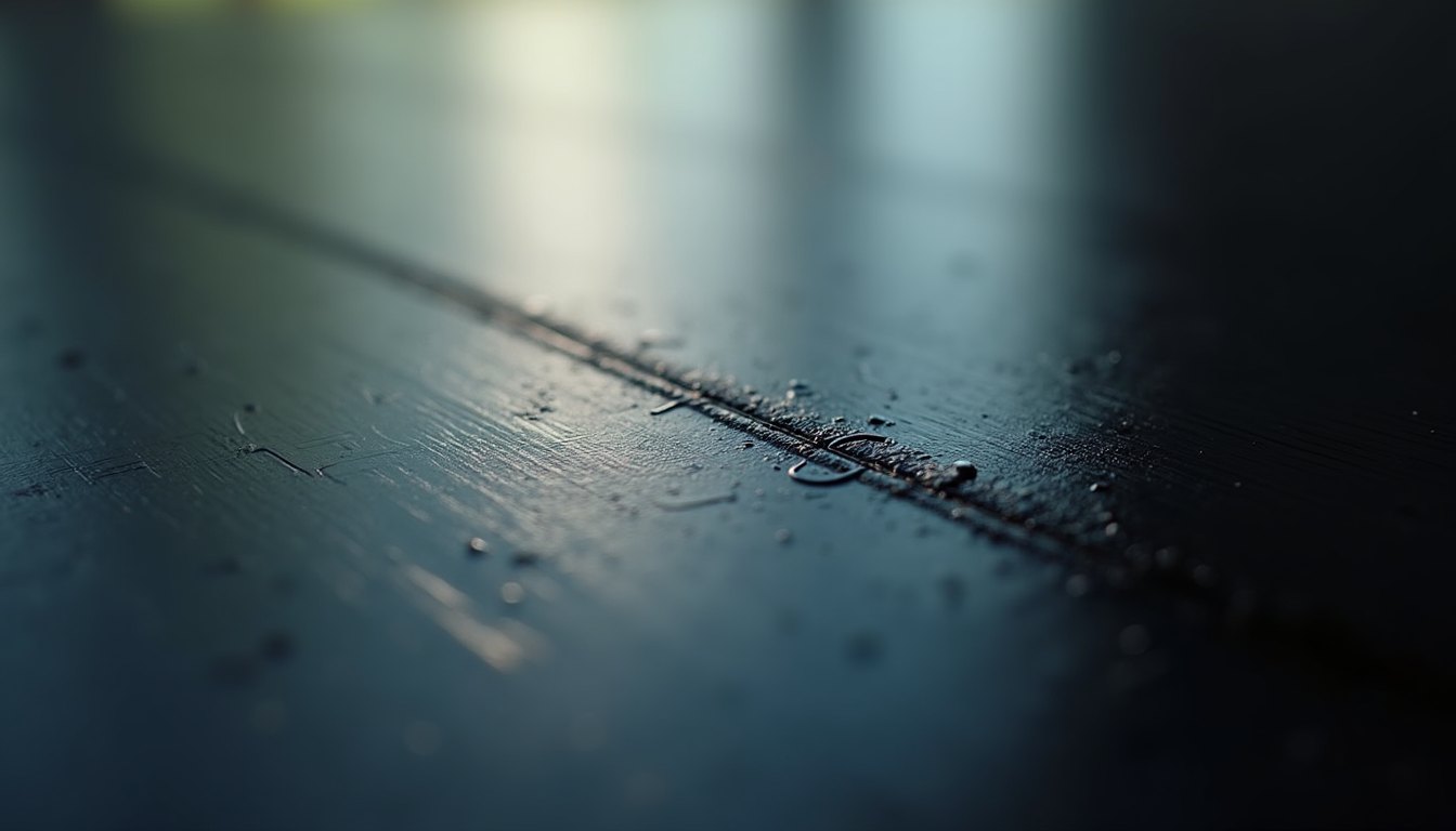 Extreme close-up of a fine scratch across a dark glossy surface catching a line of light