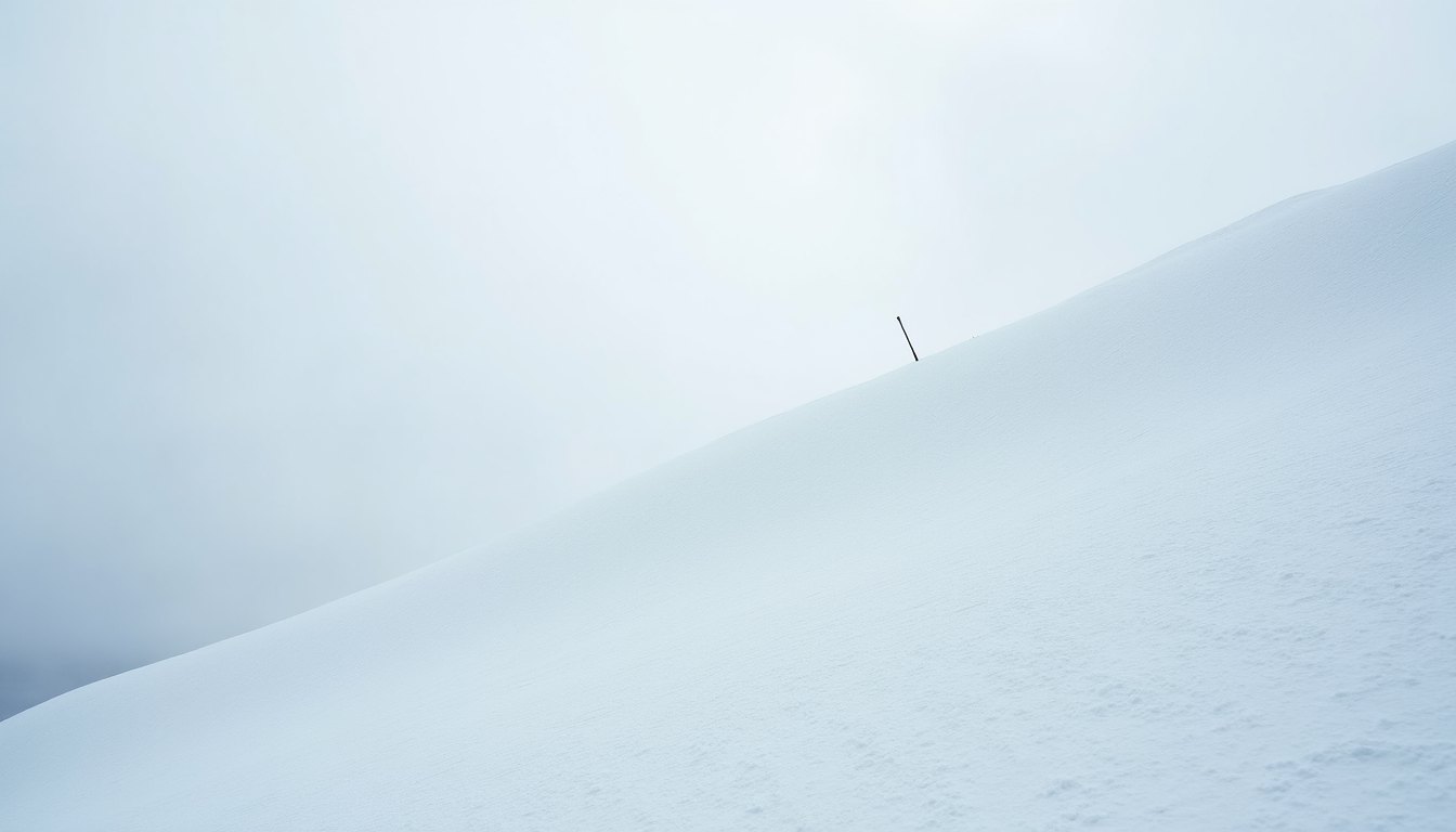 A groomed ski slope in flat overcast light where the surface texture is almost invisible