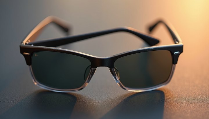 A close side view of a dark sunglasses frame and its hinge on a plain grey surface