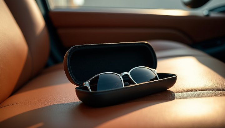 An open empty hard-shell eyewear case on a worn leather car seat in warm afternoon light