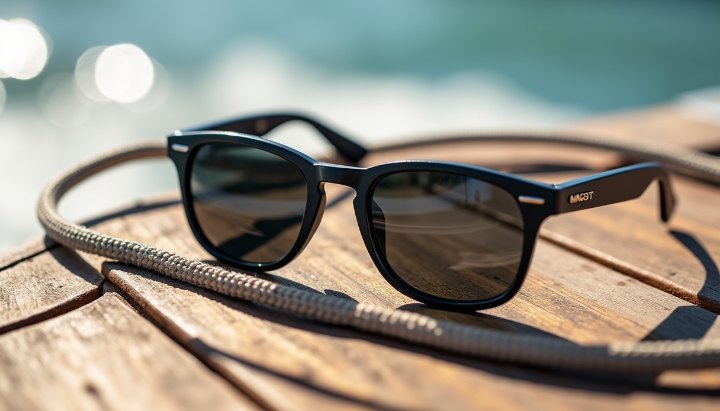 A length of woven cord and neoprene on weathered teak boat decking in bright sun