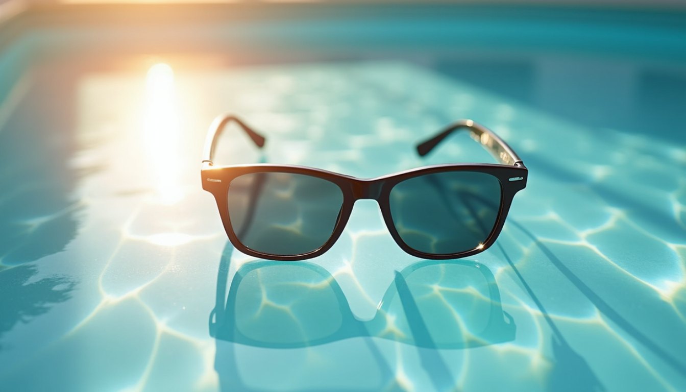 Sunglasses at the edge of a swimming pool with bright caustic light patterns on the water