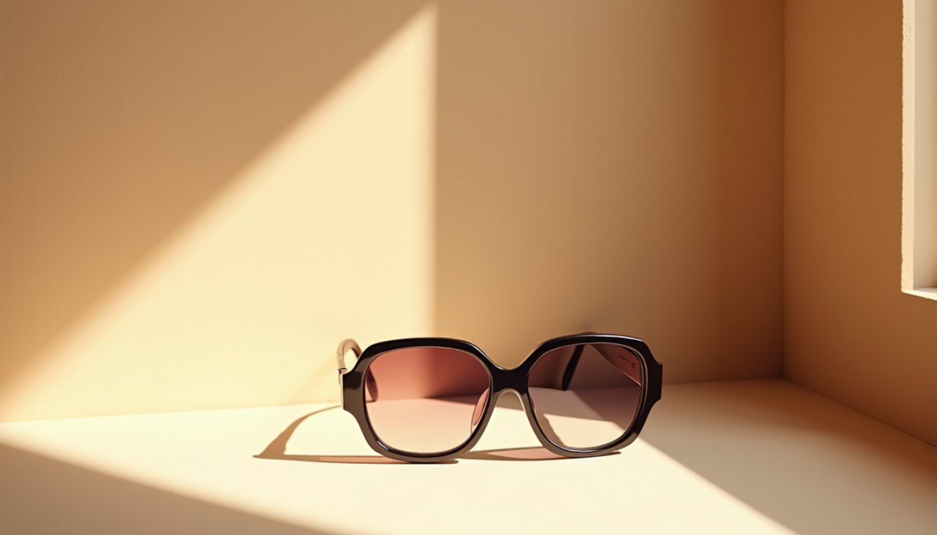 Sunglasses in a sunlit corner with hard geometric shadow falling across a pale wall