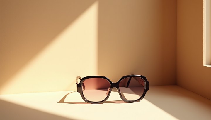 Sunglasses in a sunlit corner with hard geometric shadow falling across a pale wall
