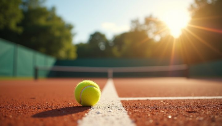 A clay tennis court at midday from the baseline with brilliant white lines and a yellow ball resting on the line
