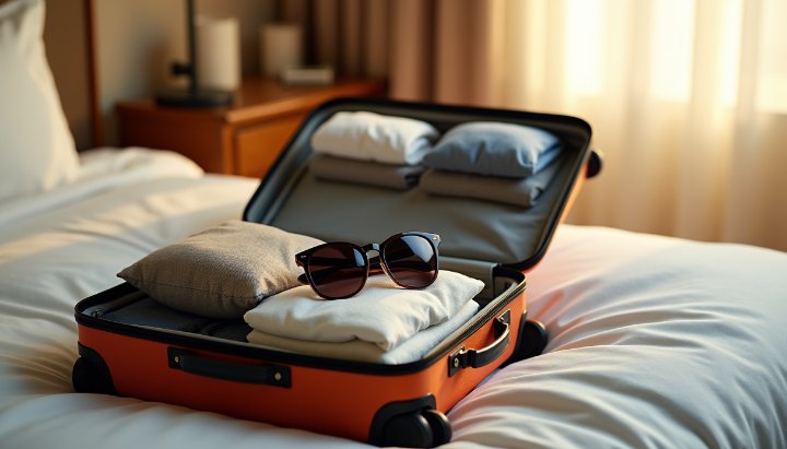An open suitcase on a hotel bed with folded clothes and a pair of sunglasses tucked inside