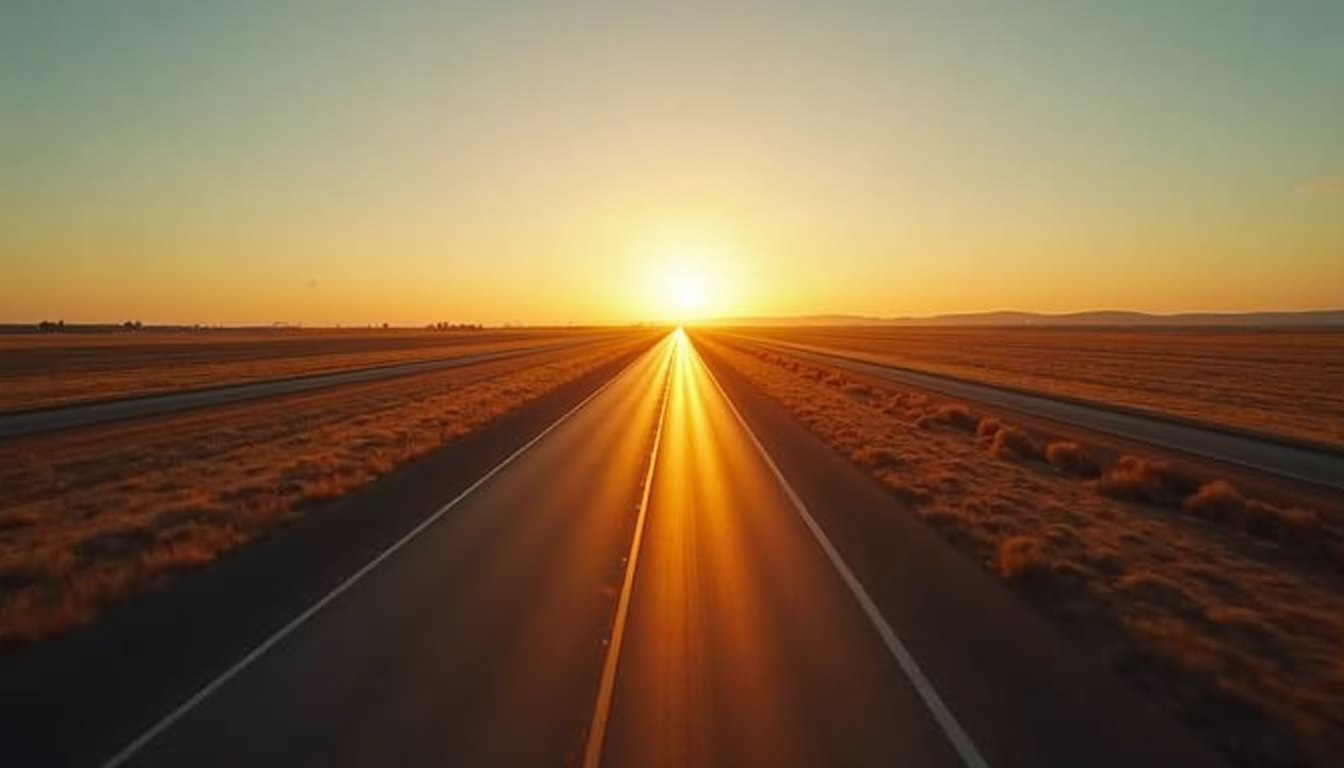 An interstate highway at golden hour from high up, the road running straight to the horizon between dry fields
