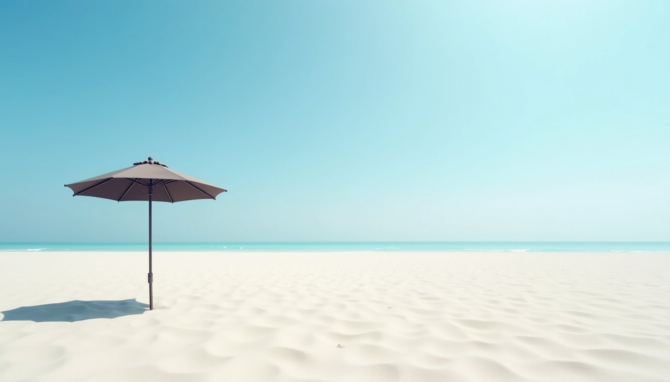 A wide beach at noon under a cloudless sky with a single beach umbrella casting a short dark shadow