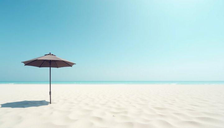 A wide beach at noon under a cloudless sky with a single beach umbrella casting a short dark shadow
