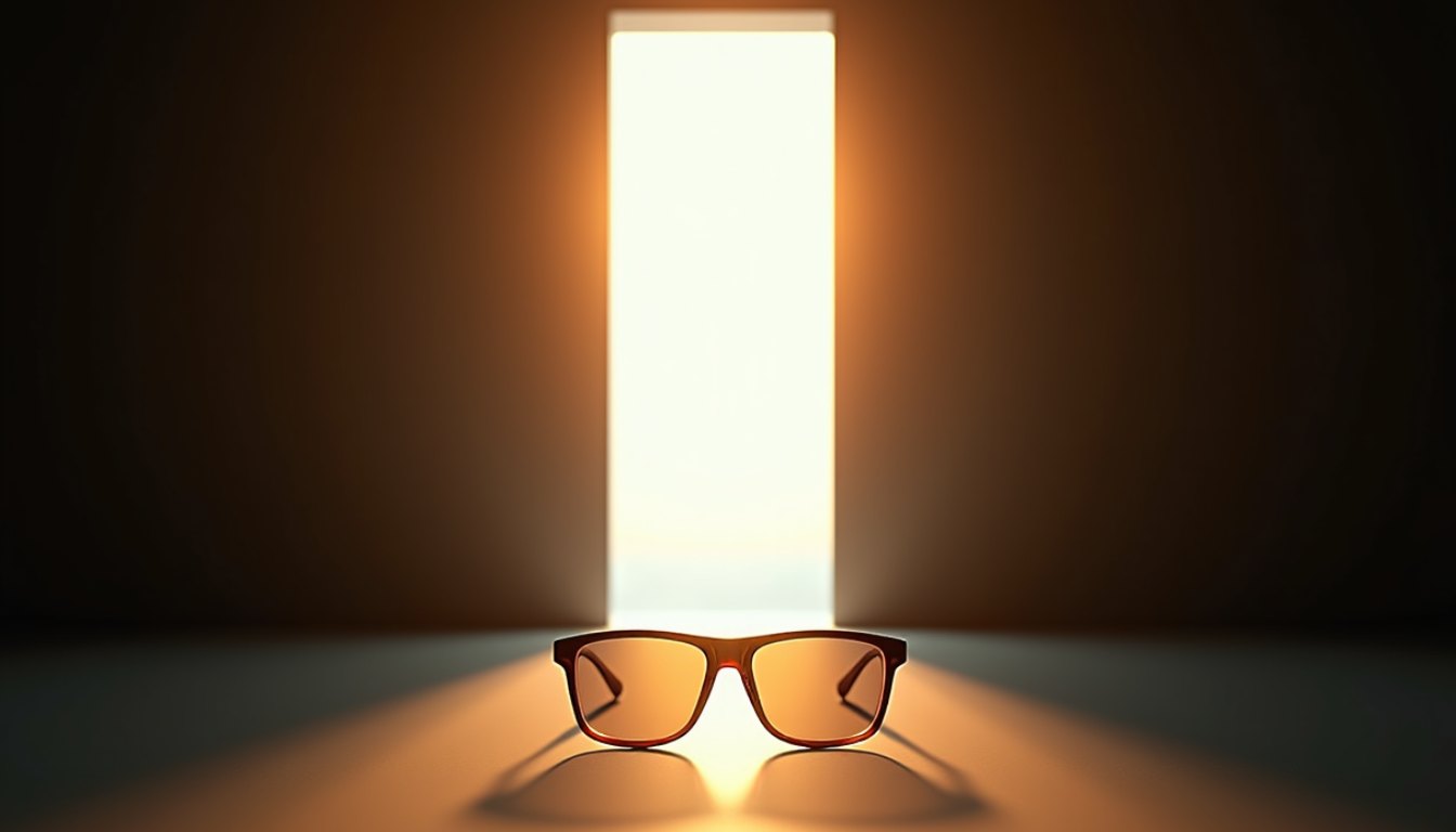 A single hard beam of sunlight through a dark doorway into a dim interior with extreme contrast