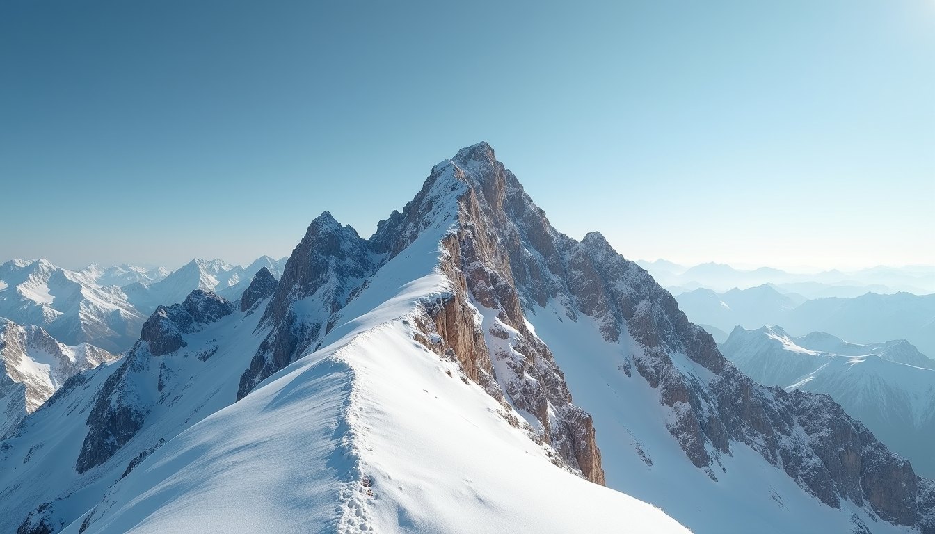 A high mountain ridge under a hard pale sky, intense sun on rock and snow