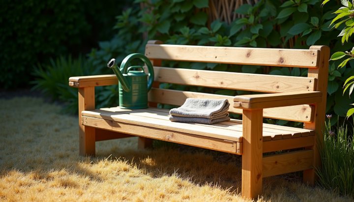 A wooden garden bench in strong midday sun with slats casting sharp shadows on dry grass