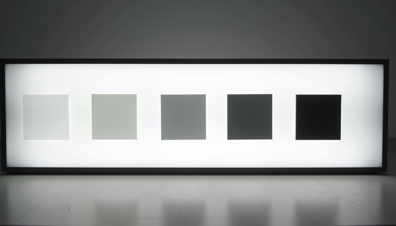 Five squares of grey glass on a lightbox stepping evenly from almost clear to nearly black