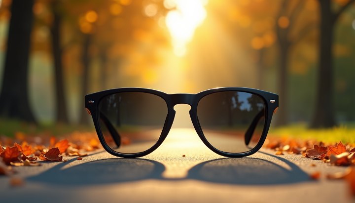 Sunglasses resting on a woodland path at golden hour, low sun flaring through the trees behind