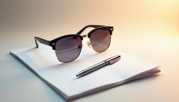 A pair of sunglasses resting on a white notepad beside a pen on a plain desk