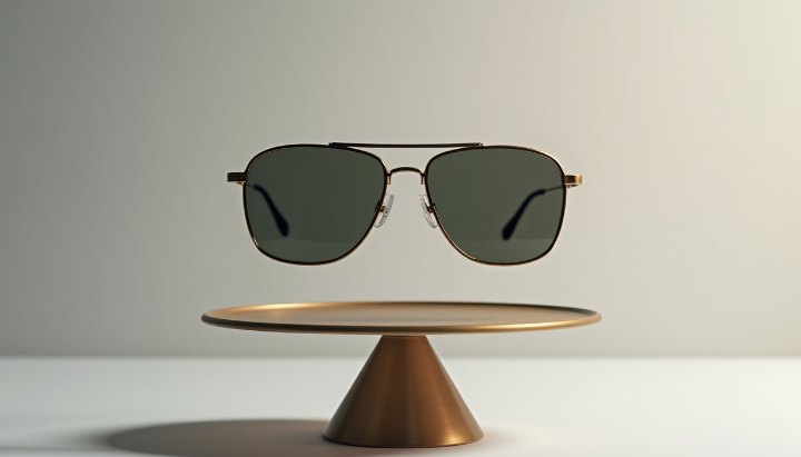 A pair of sunglasses displayed on a small round pedestal against a plain pale background