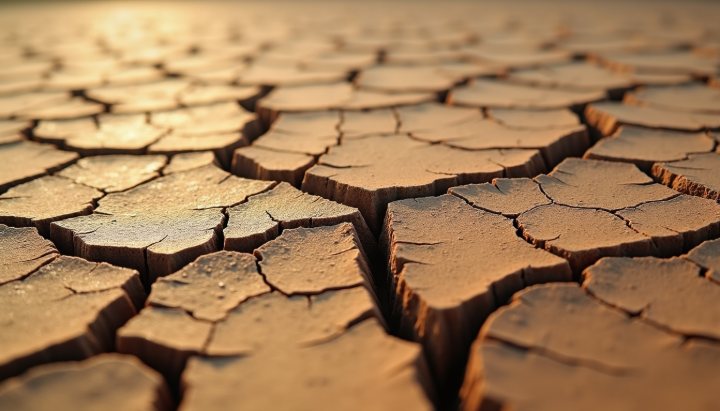 Extreme close-up of dry cracked clay in hard sun with fine fissures radiating from a point
