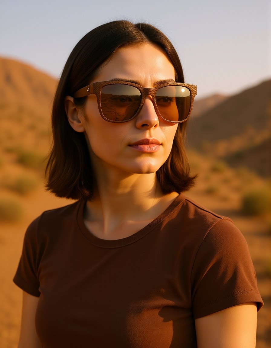 T01 Brown worn by a model, rendered from the product photograph