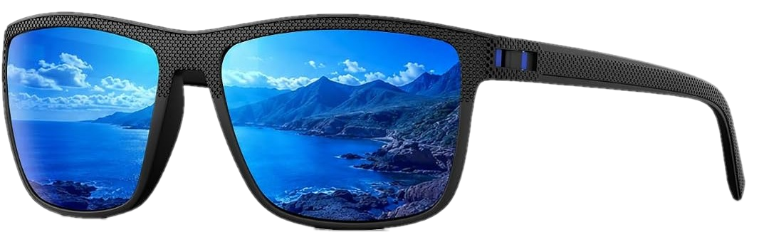 Tinvero T01 in black with a polarised dark blue mirror lens, three-quarter view