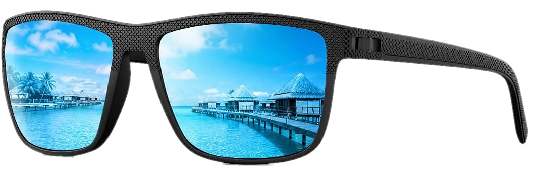 Tinvero T01 in black with a polarised ice blue mirror lens, three-quarter view